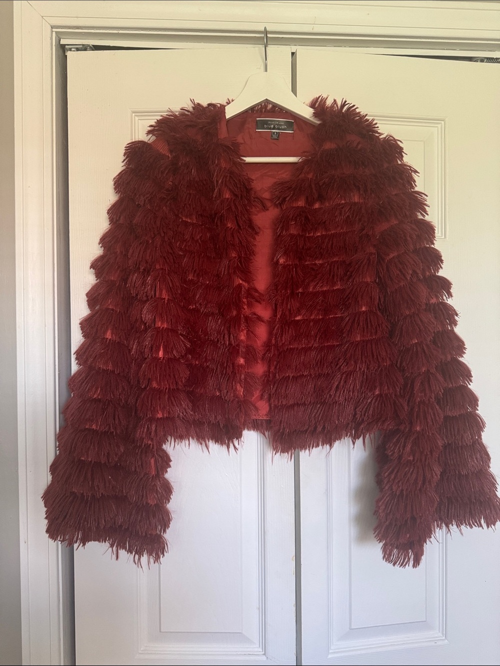 Blueblush  Red/maroon Tiered Faux-Feather Jacket Sz S